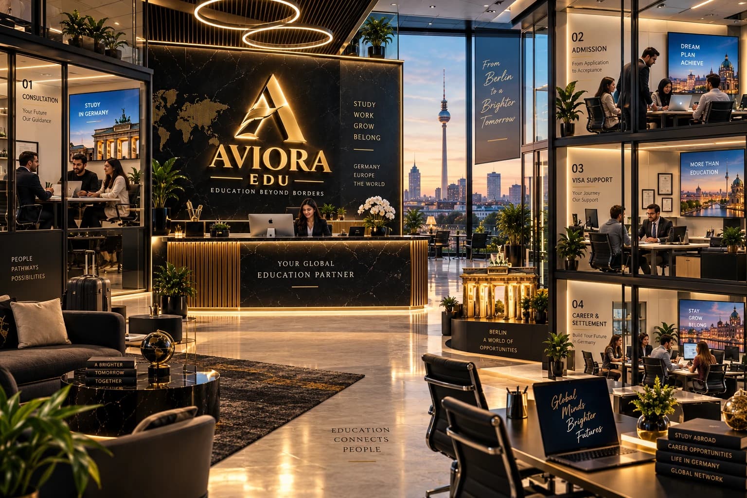 AVIORA EDU atrium with consultation, admission, visa and settlement teams