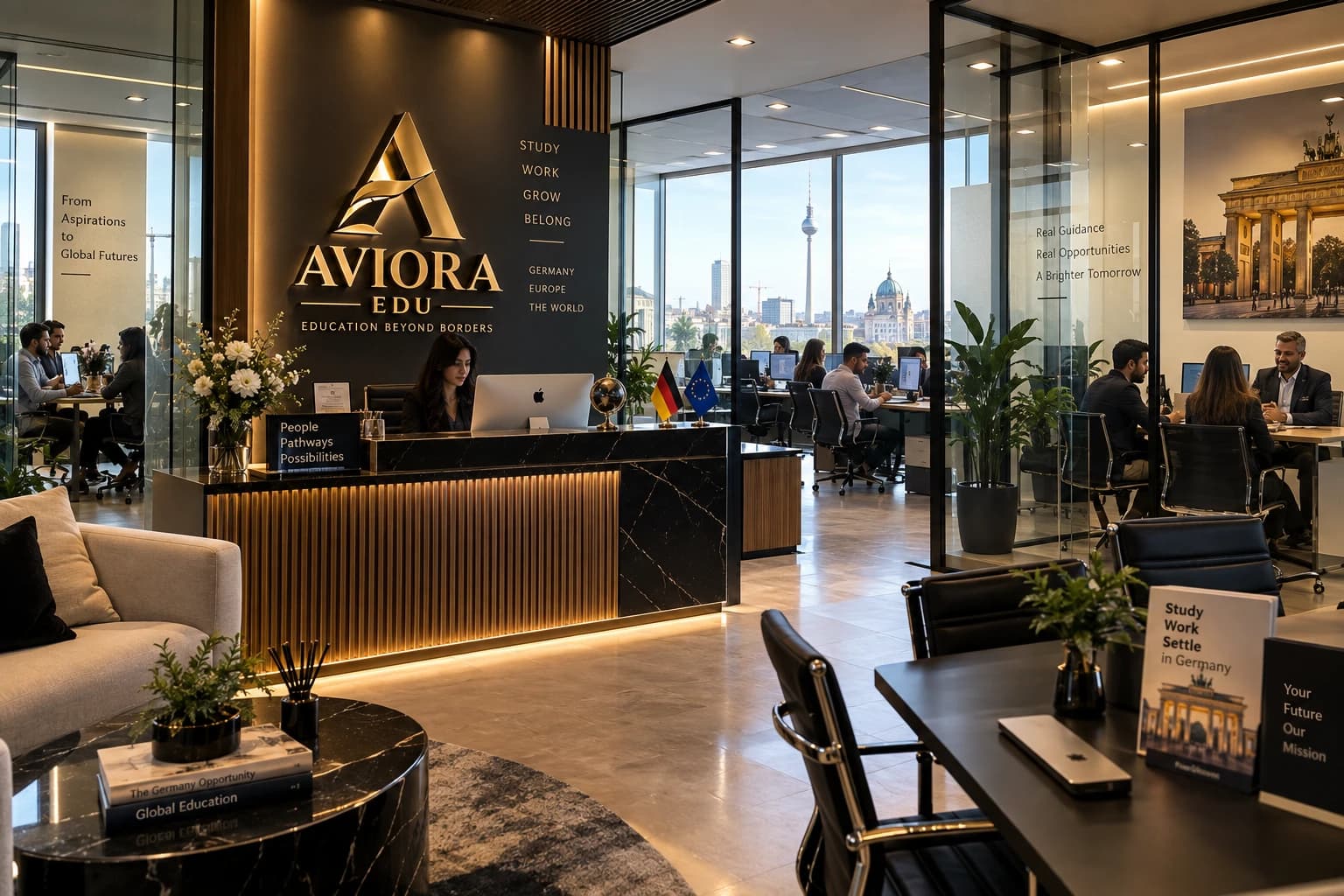 AVIORA EDU reception with the Berlin skyline, German and EU flags